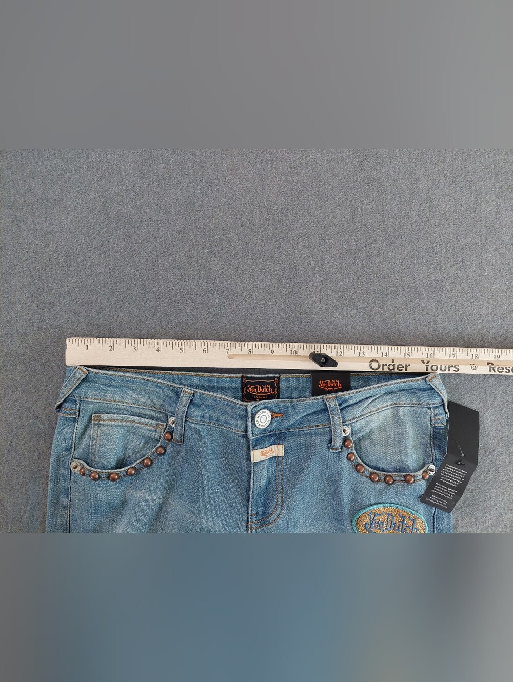 Von Dutch Originals NWT Low Rise Flare Jeans Studded Patch Size 29 Y2K McBling - Picture 7 of 13